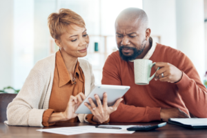 Older woman and man talking.