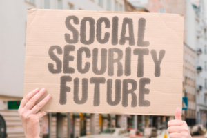Person holding cardboard with word: Social security future