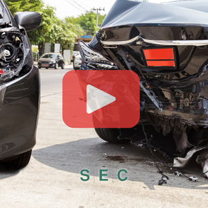 Two cars crashed. Red play buttom overlay and Steuer logo.