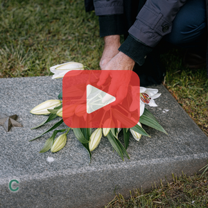 Person putting flowers on grave. Red play button overlay and SEC logo.