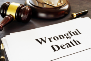 Document with words: Wrongful death and judges gavel.